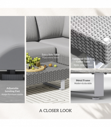 Outsunny 3pc Rattan Wicker Sofa Set with Tea Table & Cushions, Light Grey