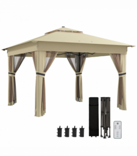 Outsunny 3x3(m) Pop Up Gazebo w/ Solar-Powered LED Lights Curtain Netting Khaki