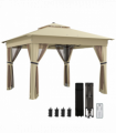 Outsunny 3x3(m) Pop Up Gazebo w/ Solar-Powered LED Lights Curtain Netting Khaki