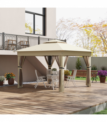 Outsunny 3x3(m) Pop Up Gazebo w/ Solar-Powered LED Lights Curtain Netting Khaki