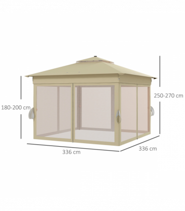 Outsunny 3x3(m) Pop Up Gazebo w/ Solar-Powered LED Lights Curtain Netting Khaki