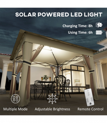 Outsunny 3x3(m) Pop Up Gazebo w/ Solar-Powered LED Lights Curtain Netting Khaki