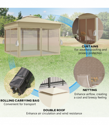 Outsunny 3x3(m) Pop Up Gazebo w/ Solar-Powered LED Lights Curtain Netting Khaki