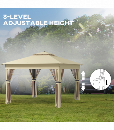 Outsunny 3x3(m) Pop Up Gazebo w/ Solar-Powered LED Lights Curtain Netting Khaki