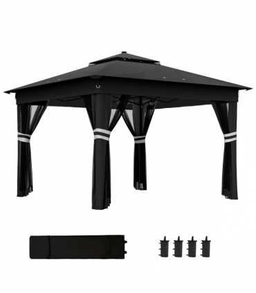 Outsunny 3x3(m) Pop Up Gazebo w/ Solar-Powered LED Lights Netting Black