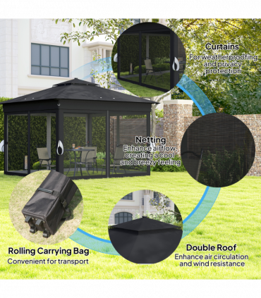 Outsunny 3x3(m) Pop Up Gazebo w/ Solar-Powered LED Lights Netting Black