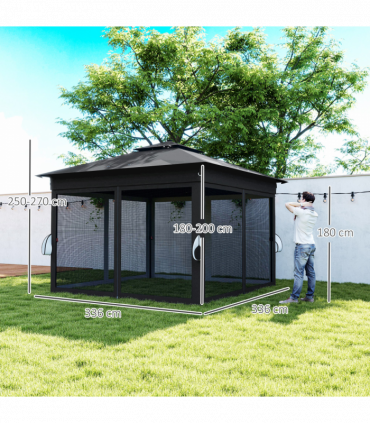 Outsunny 3x3(m) Pop Up Gazebo w/ Solar-Powered LED Lights Netting Black