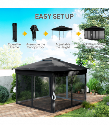 Outsunny 3x3(m) Pop Up Gazebo w/ Solar-Powered LED Lights Netting Black