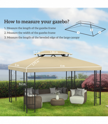 Outsunny 3x4m Gazebo Replacement Roof Canopy 2 Tier Top UV Cover Cream White