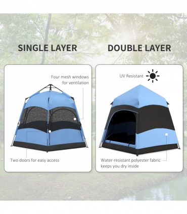 Outsunny 4 Person Pop Up Tent Camping Festival Hiking Shelter Family Blue&Black