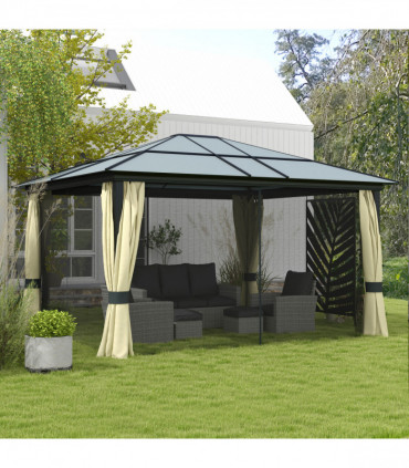 Outsunny 4.3m x 3.6m Aluminium Frame Texteline Draped Hardtop Gazebo Brown