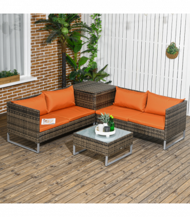 Outsunny 4Pcs Patio Rattan Sofa Garden Furniture Set with Table Cushions Orange