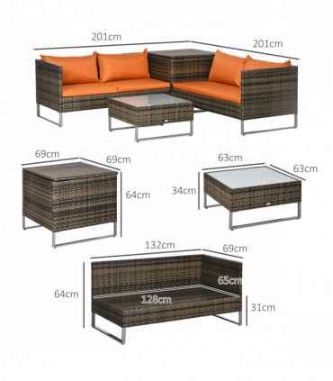 Outsunny 4Pcs Patio Rattan Sofa Garden Furniture Set with Table Cushions Orange