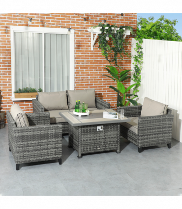 Outsunny 5 PCs Rattan Garden Furniture Set with Gas Fire Pit Table, Grey