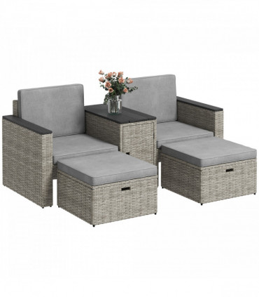 Outsunny 5 Piece Rattan Garden Furniture Set w/ Storage Table, Stools, Grey