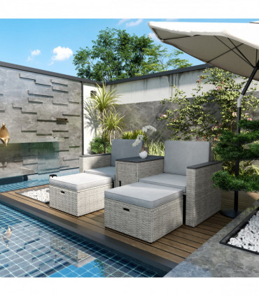 Outsunny 5 Piece Rattan Garden Furniture Set w/ Storage Table, Stools, Grey