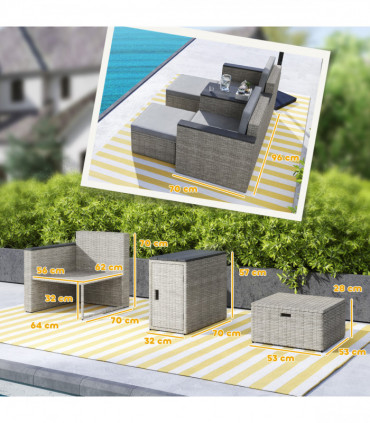 Outsunny 5 Piece Rattan Garden Furniture Set w/ Storage Table, Stools, Grey