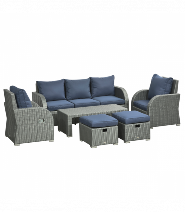 Outsunny 6pc Padded Outdoor Rattan Wicker 3-Seat Sofa Recliner Footstool Table