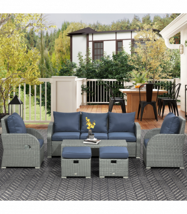Outsunny 6pc Padded Outdoor Rattan Wicker 3-Seat Sofa Recliner Footstool Table
