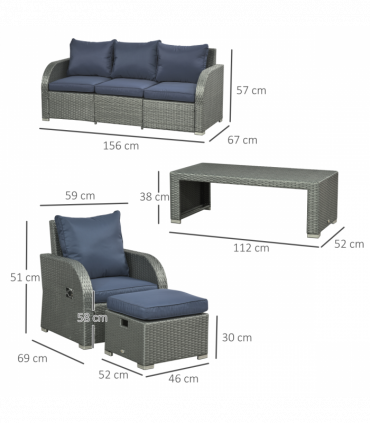 Outsunny 6pc Padded Outdoor Rattan Wicker 3-Seat Sofa Recliner Footstool Table