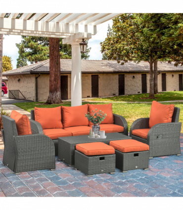 Outsunny 6pc Padded Outdoor Rattan Wicker 3-Seat Sofa Recliner Footstool Table