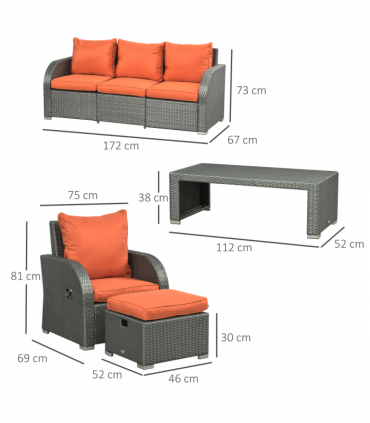 Outsunny 6pc Padded Outdoor Rattan Wicker 3-Seat Sofa Recliner Footstool Table
