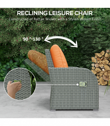 Outsunny 6pc Padded Outdoor Rattan Wicker 3-Seat Sofa Recliner Footstool Table