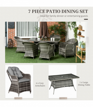 Outsunny 7 Pieces Rattan Dining Sets w/ Tempered Glass Umbrella Hole Table