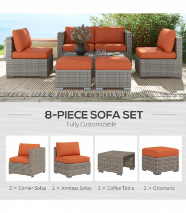 Outsunny 8pc Outdoor Patio Furniture Set Weather Wicker Rattan Sofa Chair Orange
