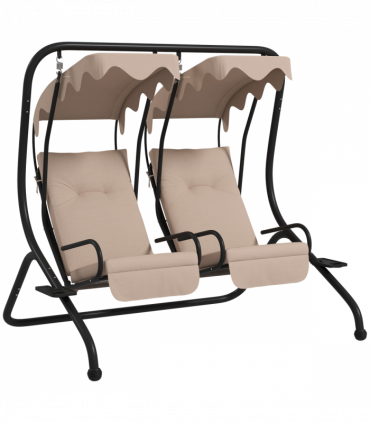 Outsunny Canopy Swing 2 Separate Relax Chairs w/ Handrails, Cup Holders Beige