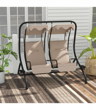 Outsunny Canopy Swing 2 Separate Relax Chairs w/ Handrails, Cup Holders Beige