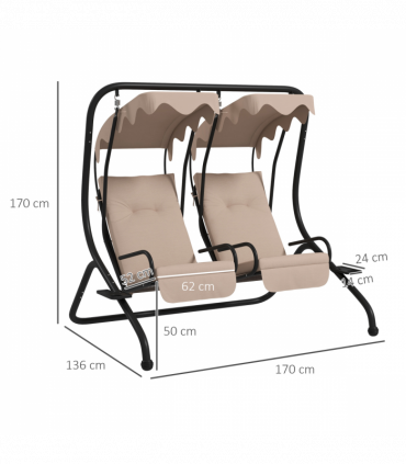 Outsunny Canopy Swing 2 Separate Relax Chairs w/ Handrails, Cup Holders Beige