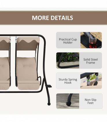 Outsunny Canopy Swing 2 Separate Relax Chairs w/ Handrails, Cup Holders Beige