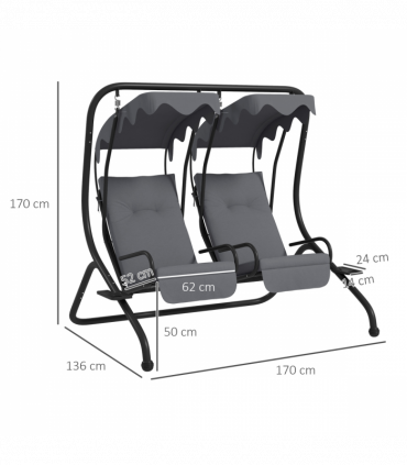 Outsunny Canopy Swing 2 Separate Relax Chairs w/ Handrails, Cup Holders Grey