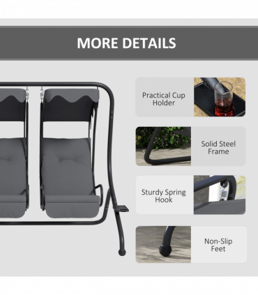 Outsunny Canopy Swing 2 Separate Relax Chairs w/ Handrails, Cup Holders Grey