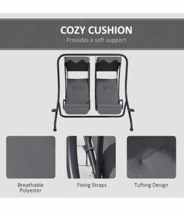 Outsunny Canopy Swing 2 Separate Relax Chairs w/ Handrails, Cup Holders Grey
