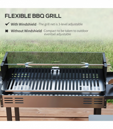 Outsunny Charcoal Spit Roasting Machine w/ 3-Tier Grill Grate & Foldable Shelves