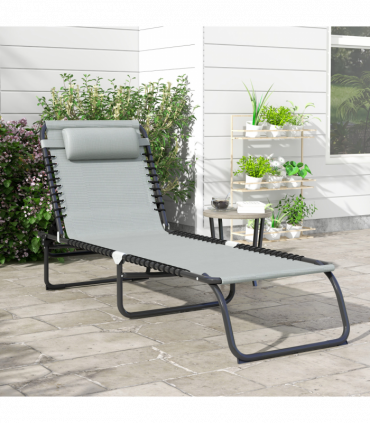 Outsunny Folding Beach Chair Chaise Lounge 4 Adjustable Positions, Light Grey
