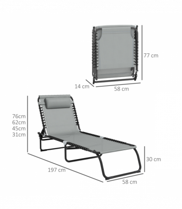 Outsunny Folding Beach Chair Chaise Lounge 4 Adjustable Positions, Light Grey