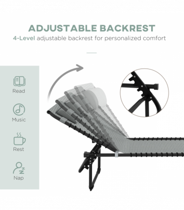 Outsunny Folding Beach Chair Chaise Lounge 4 Adjustable Positions, Light Grey