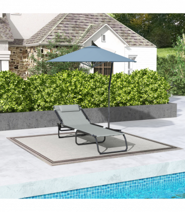 Outsunny Folding Beach Chair Chaise Lounge 4 Adjustable Positions, Light Grey