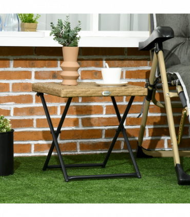 Outsunny Folding Square Rattan Coffee Table, Steel Frame Bistro Garden Natural