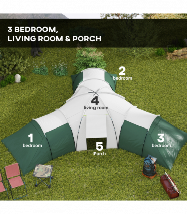 Outsunny Large Camping Tent with 3 Bedroom, Living Area and Porch for 6-9 Man