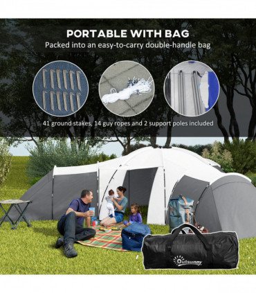 Outsunny Large Tunnel Tent with 3 Bedroom, Living Area and Porch, Grey