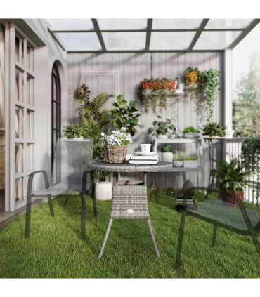 Outsunny Outdoor PE Rattan Dining Table w/ Wood-plastic Composite Top, Grey