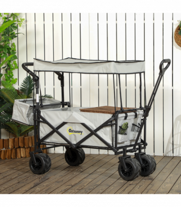 Outsunny Outdoor Push Pull Wagon Stroller Cart with Canopy Top Grey