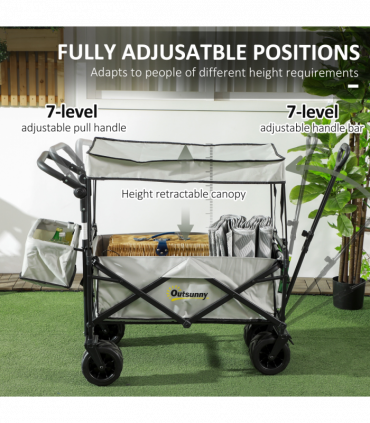 Outsunny Outdoor Push Pull Wagon Stroller Cart with Canopy Top Grey