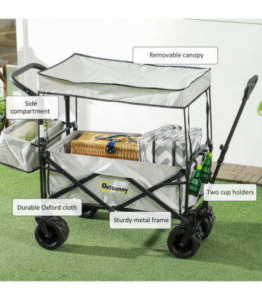 Outsunny Outdoor Push Pull Wagon Stroller Cart with Canopy Top Grey