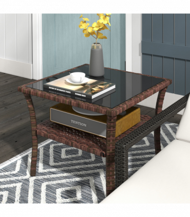Outsunny PE Rattan Coffee Table, Two-tier Side Table with Glass Top, Brown
