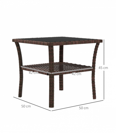 Outsunny PE Rattan Coffee Table, Two-tier Side Table with Glass Top, Brown